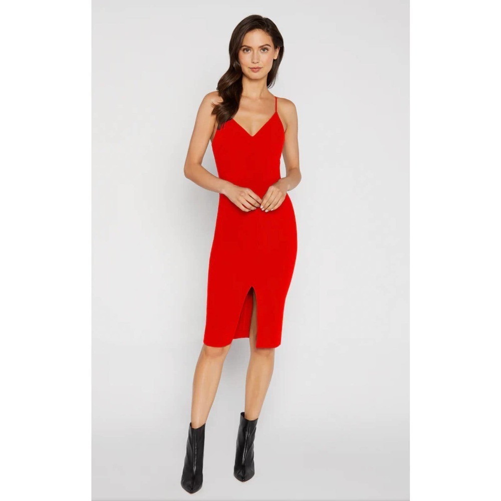 Red V-Neck Slip Midi Dress with Front Slit